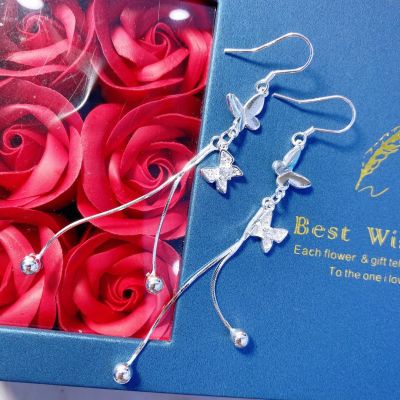 [COD] No. 5575 fine silver 990 diamond-studded butterfly tassel earrings simple temperament