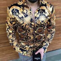 ♦เสื้อแขนยาวลำลองผู้ชายสีทองหรูหรา,เสื้อพิมพ์ลาย Paisley เสื้อแมนกาลองกา Camisa Social Masculina Baju Pesta งานพรอม