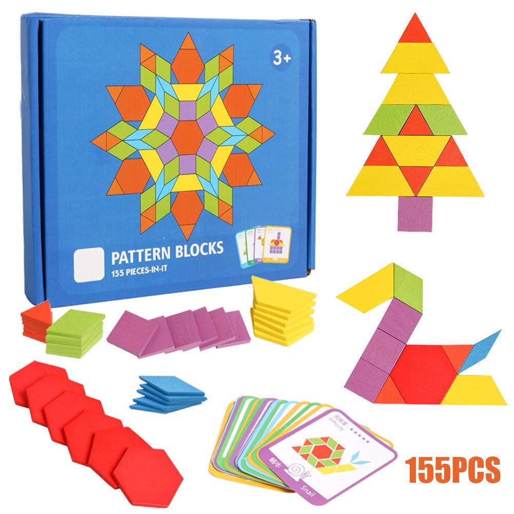 USATDD 155 Pcs Wooden Pattern Blocks Set Geometric Shape Puzzle Classic Educational Montessori Tangram Toys for Kids with 24 Pcs Design Cards 