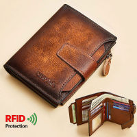 ZZOOI Mens Genuine Leather Wallet Vintage Short Multi Function Business Card Holder RFID Blocking Zipper Coin Pocket Money Clip