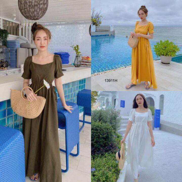 13911-เดรสยาว-คอกว้าง-แขนสั้น-สีพื้น-แม็กซี่เดรส-เว้าเอว-เสื้อผ้าแฟชั่น-ชุดเที่ยวทะเล