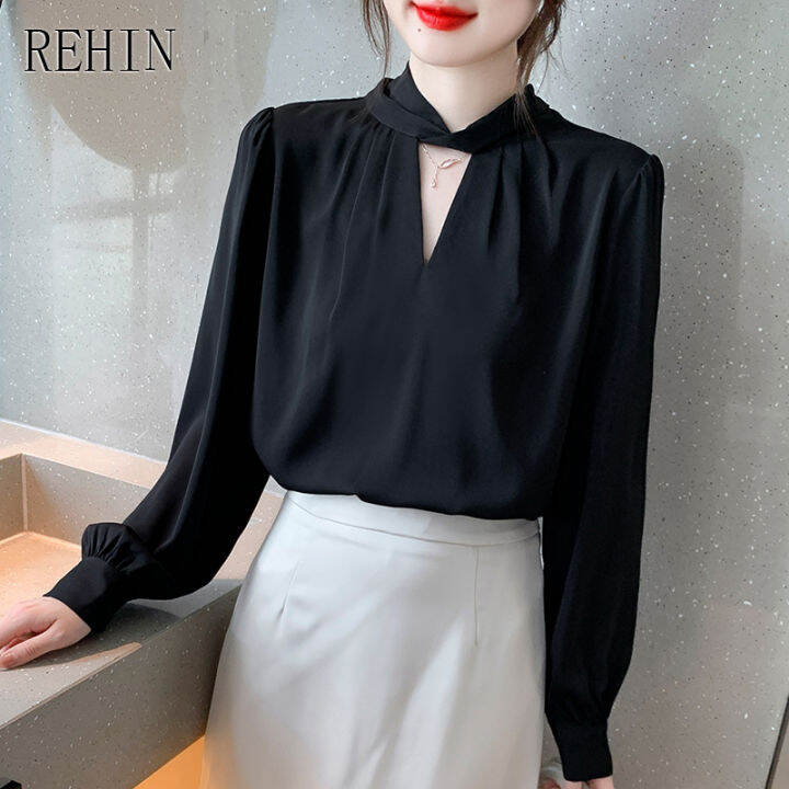 rehin-ผู้หญิงฤดูใบไม้ร่วงใหม่เกาหลีรุ่นเสื้อแขนยาว-hollow-lantern-sleeves-เสื้อหรูหรา