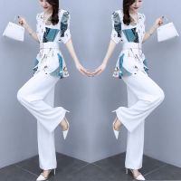 Summer Suit Female 2021 New Fashion Chiffon Slim Patchwork Print Wide Leg Pants Full Pants Set Two Pieces V-Neck Short Sleeve