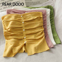 PEAR DODO เสื้อกั๊กถักสั้นเซ็กซี่มีจีบสำหรับผู้หญิงสไตล์เกาหลี