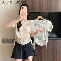 เสื้อยืดแขนสั้น Ruo Bei Xuan มีเชือกรูดสำหรับผู้หญิงเสื้อเอวลอยดีไซน์เสื้อนอกแฟชั่น