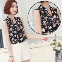 ReadyStock S-3XL Floral Flower Stripe Print Sleeveless Stand Collar Chiffon Shirt Blouse Women Tops Korea Fashion Style