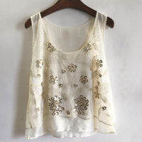 Loral Beaded เสื้อกั๊กหลวมเสื้อแขนกุดฤดูร้อน U-Neck ดอกไม้ปัก Sequined เสื้อชีฟอง Shiny Gauze Tank TopsTH