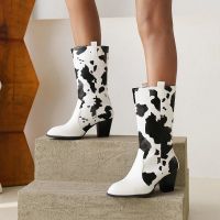 Foreign Trade Womens Boots Autumn Winter New Medium Retro Chelsea Round Head Thick Heel Cow Pattern