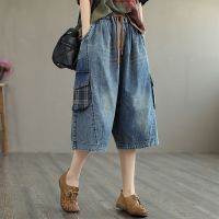 【มีไซส์ใหญ่】Plus Size M-2XL Womens Elastic Waist Patchwork Summer 6/10 Jeans Elastic Waist Wide Leg Denim Pants