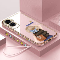 เคสสำหรับ Honor โทรศัพท์90 5G 90 Lite 5G ฟรีสายคล้องหมวกการ์ตูนน่ารักเด็กผู้หญิงขอบสี่เหลี่ยมลวดลายเคสโทรศัพท์ชุบหรูหราเคสโทรศัพท์นิ่ม