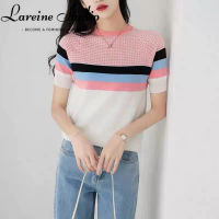 LAREINE เสื้อยืดแขนสั้นผู้หญิงลายทาง,เสื้อเสื้อถักไหมพรมน้ำแข็งบางหลวมฤดูร้อน2023