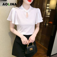 AOLINA 2023ฤดูร้อนใหม่ปกคอตั้งดีไซน์เสื้อยาวสีขาวแขนเสื้อใบบัวความรู้สึกทุกอย่างเข้ากับเสื้อเข้ารูป