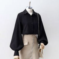 Deeptown Lantern Sleeves Vintage Shirts Women Elegant White Womens Blouse with Lush Sleeves 2021 Fashion Button Up Shirt Black