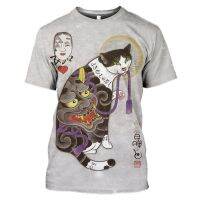 (in stock) Casual Top Summer Harajuku T-shirt 3D Anime Print Japanese Tattoo Samurai Pattern Cat Mens and Womens T-shirt Extra Large Clothing (free nick name and logo)