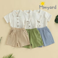 [Mmyard] ชุดฤดูร้อนของเด็กผู้ชายสีทึบ Kemeja Lengan Pendek คอปกเสื้อและกางเกงขาสั้นเอวยางยืด2ชุดเสื้อผ้าชิ้น