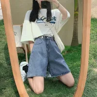 Five-Point Denim Shorts Womens Ins Summer 2022 New High-Waist Thin Section Loose Student Small Wide-Leg Mid-Pants