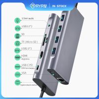 jianzhifen 11 In 1 Type C Extender Hub USB-C เป็น HDMI ตัวแปลง VAG USB RJ45 4K60Hz 3.0/2.0 Splitter Sd/ บัตร TF Reader สำหรับโทรศัพท์ PC โทรศัพท์