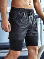 Men Camo Print Drawstring 2 in 1 Sports Shorts with Phone Pocket (Color : Black, Size : XX-Large)