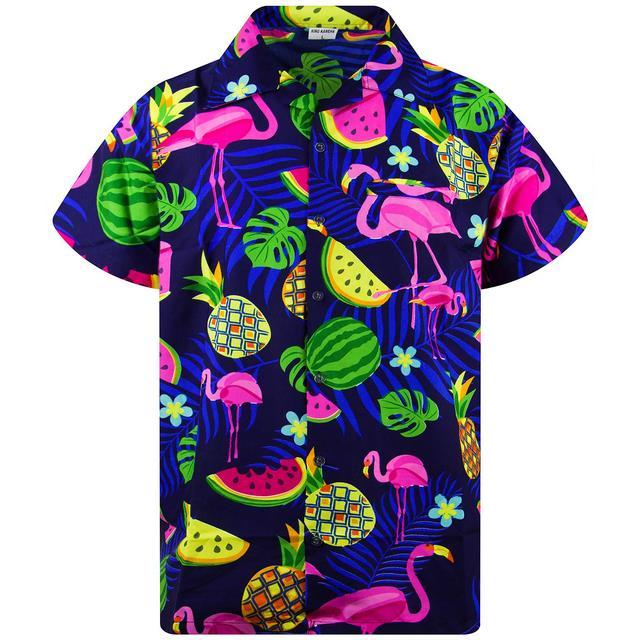 เสื้อฮาวายผู้ชายสำหรับฤดูร้อนเสื้อพิมพ์ลายนกฟลามิงโกเสื้อชายหาดกระดุมเสื้อท่อนบนผู้ชายแฟชั่น