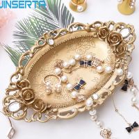 JINSERTA Gold Storage Tray Jewelry Display Plate Necklace Ring Earrings Display Tray Creative Mirror Decoration Organizer