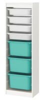 TROFAST Storage combination with boxes, white/white turquoise, 46x146 cm (ทรูฟัสท์ กล่องลิ้นชักเก็บของ, ขาว/ขาว สีเทอร์ควอยซ์, 46x146 ซม. ซม.)