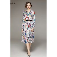 European and American Fashion All-Match Waist Slimming Positioning Printed Dress with Belt