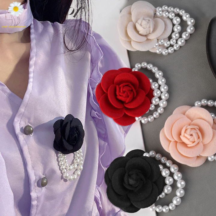 Fabric Camellia Brooch Pearl Beaded Tassel Flower Pin Party Lapel Buckle  Boutonnieres Vintage Corsage Pins For Women Shirt Collar Accessories