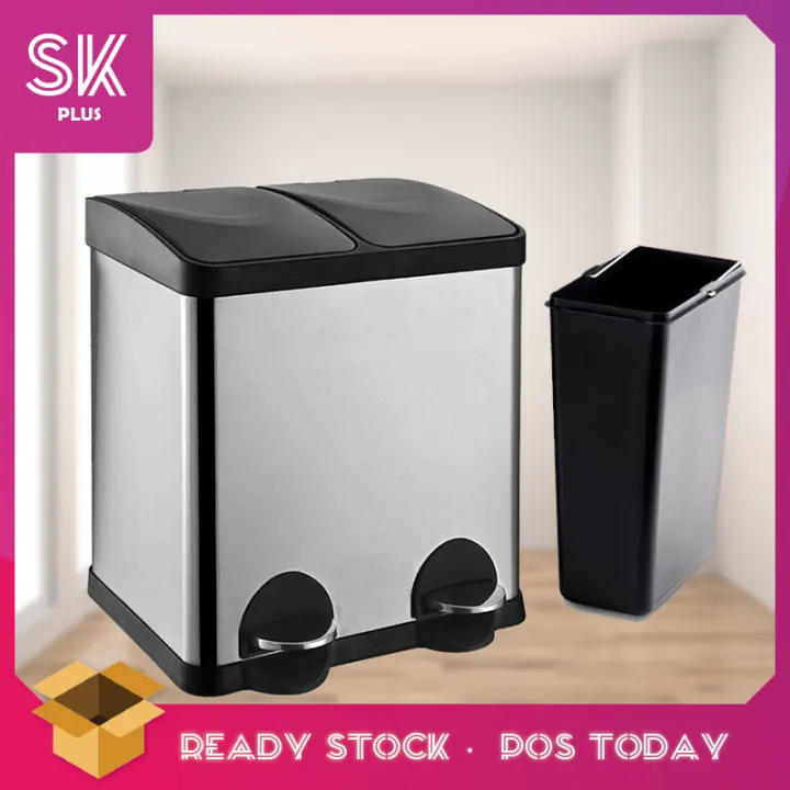 SKPLUS 30L Large Capacity Double Bin Trash Can Dual Pedal Stainless