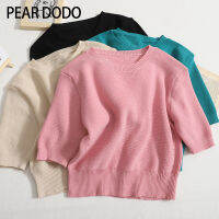 PEAR DODO เสื้อยืดถักแขนสั้นเอวสูงสไตล์เกาหลีสำหรับผู้หญิง