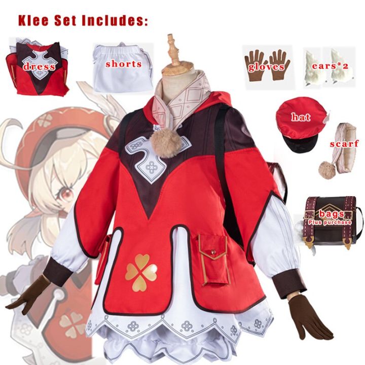 Genshin Klee Cosplay Одежда One Piece Bag Шапка Glasses Gloves Шарф Shorts Costumes Girls Game