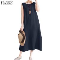 COD DSTGRTYTRUYUY ZANZEA Women Korean Casual Loose Sleeveless O Neck Solid Cotton Beach Maxi Dress