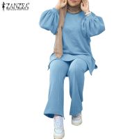 COD DSFGERRTYTRRE ZANZEA Women Europe Long Puff Sleeve Fashion Casual Pops and Wide-leg Elastic Waist Pants Muslim Suits