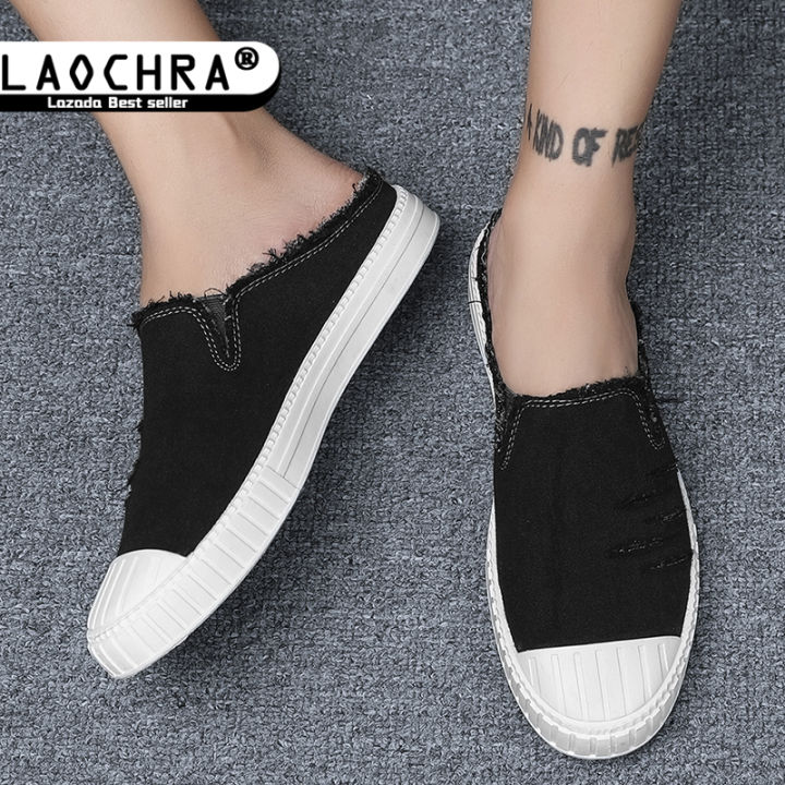 laochra-รองเท้ารองเท้าเปิดส้นสำหรับผู้ชายรองเท้าส้นเตี้ย-สไตล์เกาหลีแบบสวมรองเท้าผ้าใบรองเท้าผ้าใบสำหรับผู้ชายรองเท้าโลฟเฟอร์เพนนีรองเท้าสีดำนุ่มง่าย