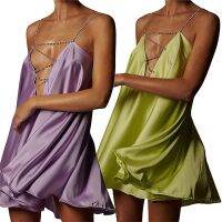 【YF】 Women’s Sexy Chain Suspender Short Dress Fashion Solid Color Hollow Out V-neck A-line