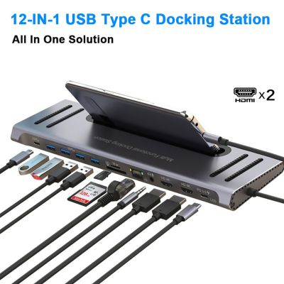 USB ฮับ Type C ไปยังจอภาพคู่ HDMI 2ช่องที่มี RJ45กิกะบิตฮับ USB PD 3.5มม. Sd/tf USB-C อะแดปเตอร์สำหรับ Macbook Pro