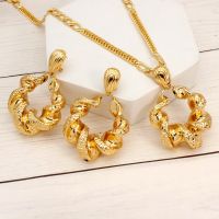 Dubai Jewelry Set For Women Twisted Necklace Pendant Earrings 24K Gold Plated Copper African Bride Wedding Party Jewellery