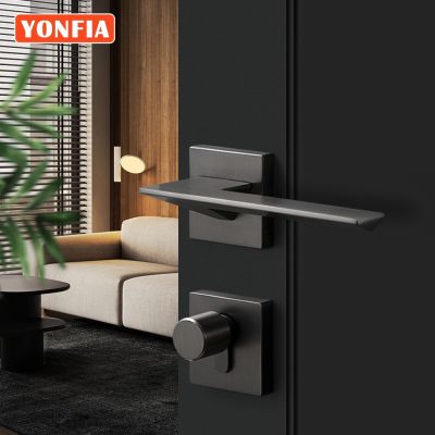YONFIA A8046R03-2สีดำสแควร์ที่ทันสมัยมือจับประตูห้องน้ำบ้านล็อคแยกคันโยกประตูภายในห้องน้ำสีทองดอกกุหลาบ
