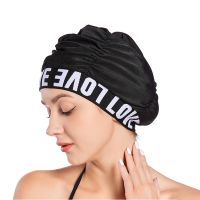 Women Letters Love Printed Pleated Swimming Bathing Caps Hat Adults Swim Pool Hot Spring Spa Comfortable Protect Long Hair Ears