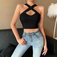 [A LIKE] LadiesSexy Crop Top ผู้หญิงแฟชั่นสีทึบแขวนคอสั้น Camisole HollowMidriff Baring Vest