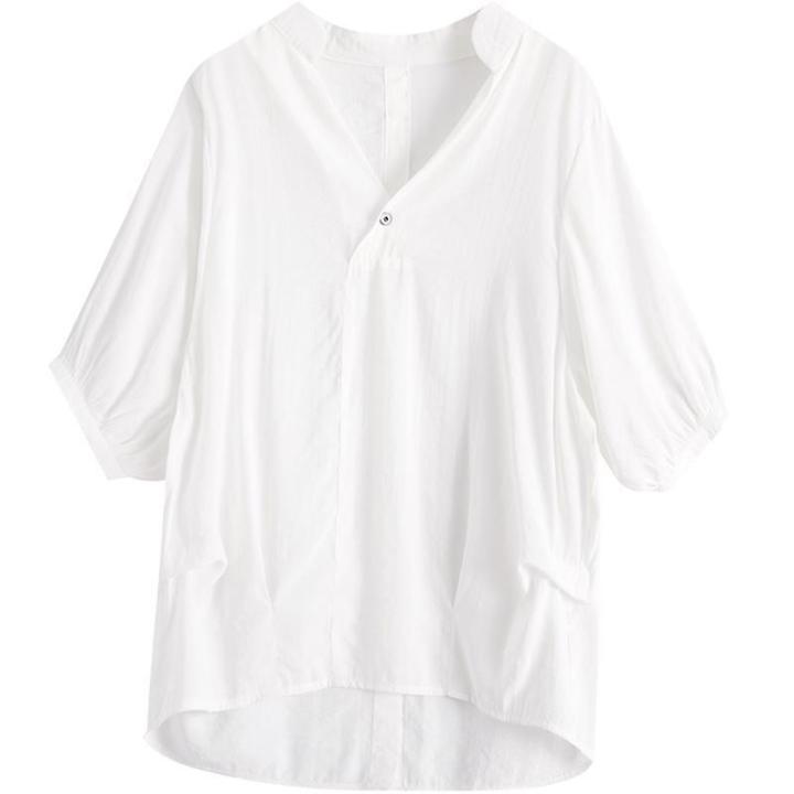 เสื้อเชิ้ตแขนสั้นคอวีสีขาวเสื้อเชิ้ตสำหรับผู้หญิง-สไตล์เกาหลีแบบใหม่ลำลองฤดูร้อน-atasan-sifon-หลวมสไตล์ตะวันตก2023