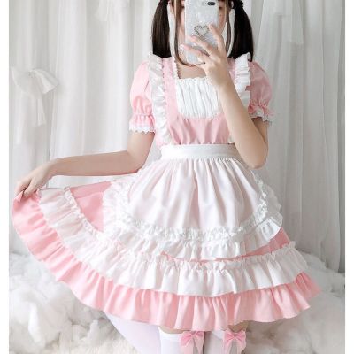 Luck A Women Pink Maid Outfit Anime Cosplay Costume Short Lolita Dress Cat Role Play Uniform Black
