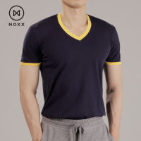 Noxx V-neck T-shirt: เสื้อยืด คอวี สีน้ำเงินเข้ม ขอบเหลือง