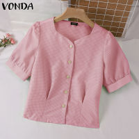 (จัดส่งฟรี)Fancystyle VONDA เสื้อคอวีแขนพองสำหรับผู้หญิงลำลองอเนกประสงค์ลายตารางเสื้อพิมพ์ลาย #2