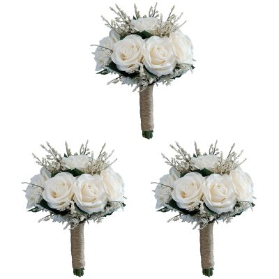 3X Bridal Bouquets for Wedding, Artificial Rose Flower Bouquet Bride Bridesmaid Holding Flower, Flower Girl Bouquet