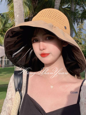 HengShanYuan หมวกไวนิล2023ใหม่ชายคาขนาดใหญ่ของผู้หญิงชายคาฉบับภาษาเกาหลีกลิ่นหอมขนาดเล็กหมวกกันแดดโบว์บังแดด UV หมวกชาวประมง