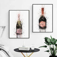 Nordic Style Champagne Graffiti Art Canvas Painting Posters and Prints Wall Art Pictures for Living Room Home Decor (No Frame)