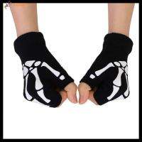 HUJAKON ใหม่ เรืองแสงในความมืด ถัก Warm Grip Skeleton Skull Winter Mittens ถุงมือไร้นิ้ว