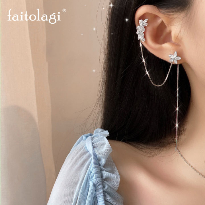 Zircon Tassel Cuff Earrings For Women Flower Long Chain Ear Clip Earring  Elegant Crystal Korean Style Piercing Earrings Ear Cuff Girls Female  Jewelry Gift | Lazada