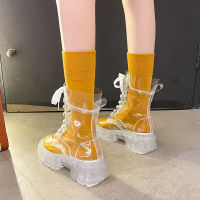 Rain Transparent Women Summer Fashion Non-slip Lace-up Martin Boots Crystal Jelly Rainning Shoes Woman Botines Mujer