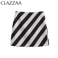 Clazzaa Women Fashion Striped Side Zipper Mini Skirts Vintage High Waist Female Chic Lady Short Skirts